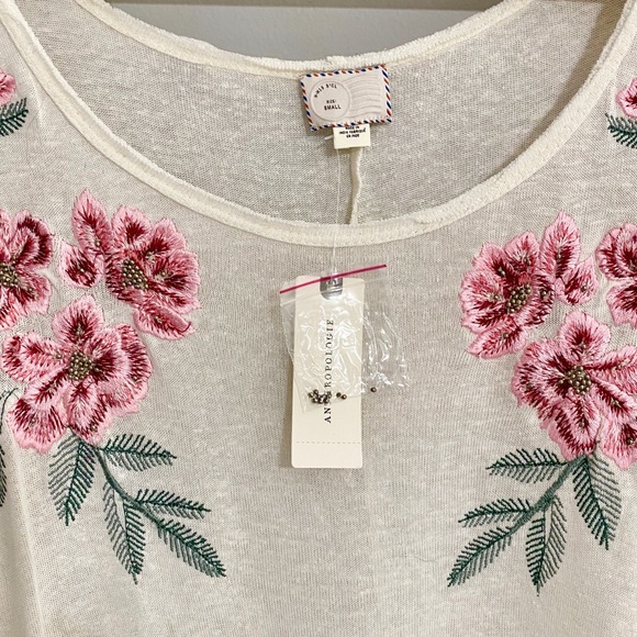 NWT Anthropologie Embroidered Linen Floral Top White Pink Size Small - Picture 7 of 16